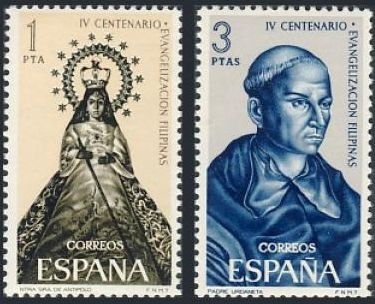 z vendido ESPAÑA 1965 1693/4 Sellos Nuevos Evangelización Filipinas Virgen de Antipolo y Padre Andres Urbaneta c/charnela Espana Spain Espagne Spagna Spanje Spanien 